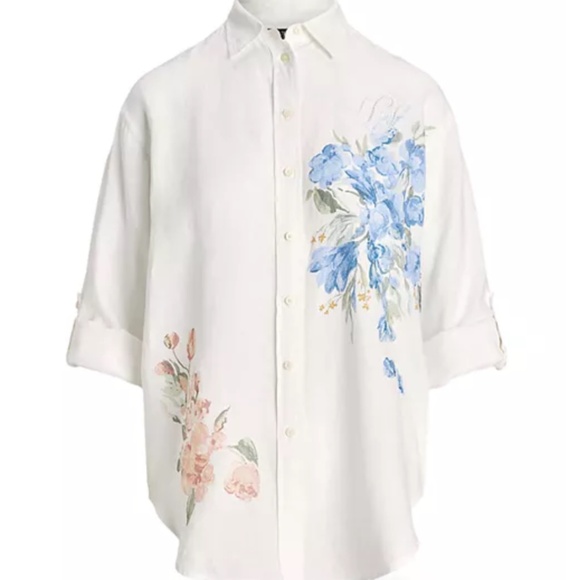 NWT Polo Lauren Ralph Lauren Oversize Floral Eyelet Logo Linen Shirt Size US XL - Picture 3 of 8